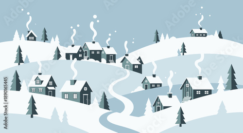 Peaceful snowy village hillside scene with winding road and pine trees.