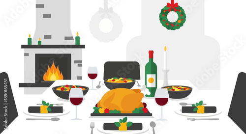 Cozy festive Thanksgiving dinner table scene with turkey, wine, candles, and family gathering.