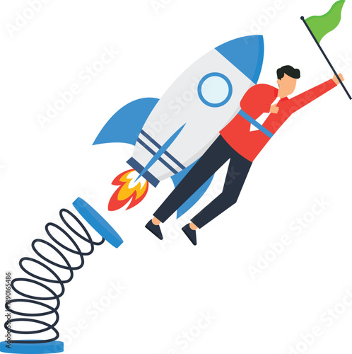Businessman flying rocket launch spring mechanism holding green flag startup success rapid growth acceleration concept market entry financial success