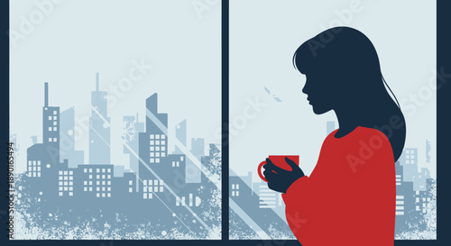 Woman enjoying a mug while overlooking a city skyline through a large window in an urban residence.