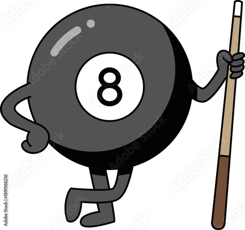 Number 8 billiard pool ball character holding cue stick