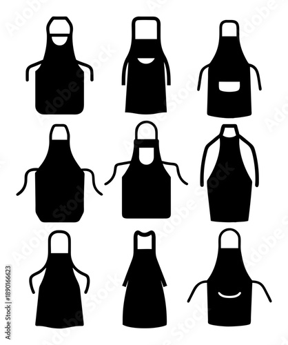 Collection of Nine Simple Apron Silhouettes in Minimalist Style Conveying Practical Mood