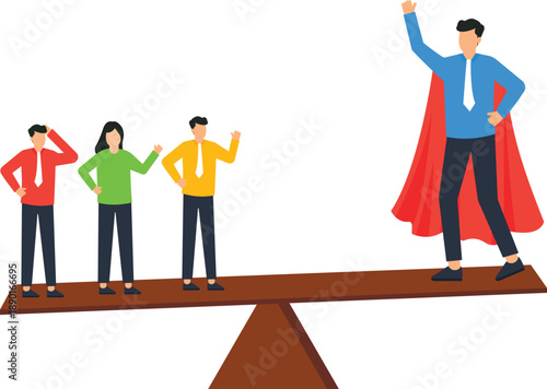 Business leadership unequal balance superhero concept team weight individual value professional success competitive advantage management strength employee group seesaw illustration