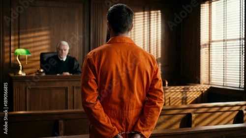 Prisoner in an orange jumpsuit and handcuffs standing before a judge in a courtroom. Legal trial and sentencing in a traditional court of law. Justice and punishment concept