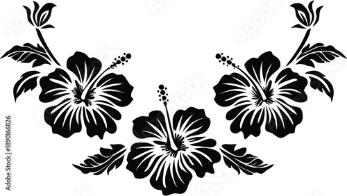 Minimalist black hibiscus floral composition with three blooming flowers and leaves on white background