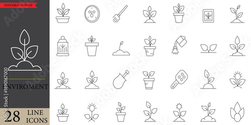 Hand drawn gardening and nature doodle icon set, plants, flowers, trees, vegetables, sun, watering can, eco farming illustration isolated on transparent background.
