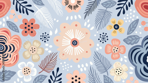 Delicate floral vector art featuring a harmonious blend of pastel peach coral and navy flowers with gray leaves set against a soft blue