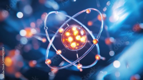A glowing atom core with orbiting electrons, rendered with blurred blue and orange hues