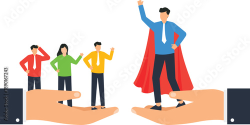 Business superhero leader standing on hand talent selection recruitment process finding best candidate employee comparison managerial choice success concept