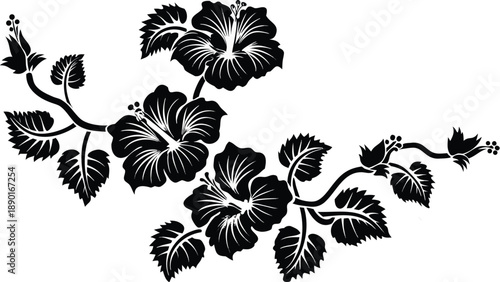 Minimalist black hibiscus flower cluster with three blooms and leaves on white background