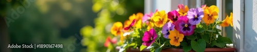 Multicolored violas overflowing from balcony planter, bright sunlight , colorful, outdoor, viola