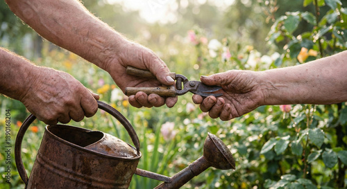 Wallpaper Mural Mature man's hands gripping metal watering can with vintage pruner tool in blooming garden with pink, white and yellow flowers, outdoor horticulture and gardening work concept. Torontodigital.ca