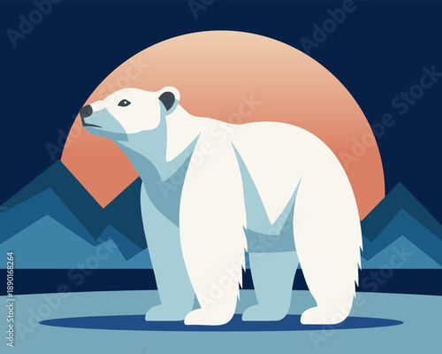 Polar bear against the backdrop of an Arctic landscape. Illustration.