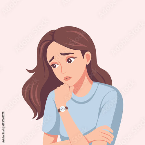 Worried young woman suffering. Illustration.