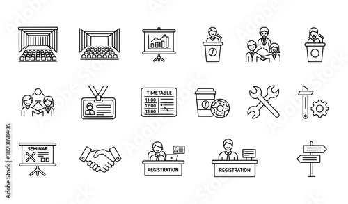 Business Event Rounded Outline Icons for Conference Meeting and Seminar Editable Stroke Vector Set