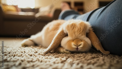 Adorable Holland Lop rabbit sleeping on a fluffy carpet next to a person in blue jeans, a close-up of a relaxed pet in a cozy home environment.