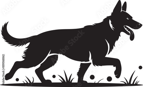 Black silhouette of dog running in grass with balls german shepherd