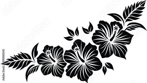 Stylized black hibiscus flowers with leaves on white background abstract floral design element