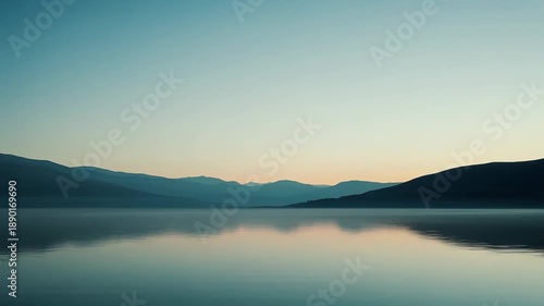 Wallpaper Mural Calm lake mirroring layered mountain silhouettes beneath a soft pastel gradient sky at dawn or dusk, minimalist serene landscape perfect for tranquil backgrounds and travel themes Torontodigital.ca