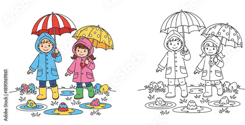 Cute children in raincoats holding umbrellas with Easter eggs in puddles, vector illustration and coloring page outline.