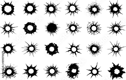 Bullet Holes Impact Marks Bundle, Black and White Gunshot Damage Set With Cracks and Splatter for Design and Effects