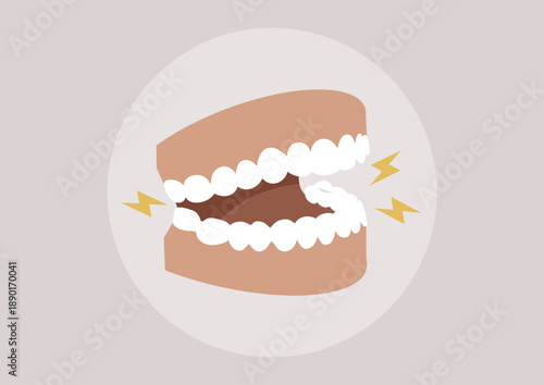 This visual highlights the effects of bruxism, showing a stylized jaw with teeth clenched and illustrative sparks representing discomfort and tension often felt by those affected