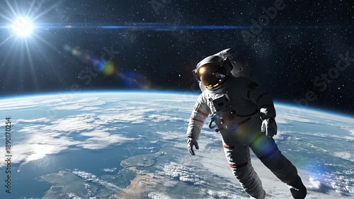 Astronaut floating in space with Earth and sun in background