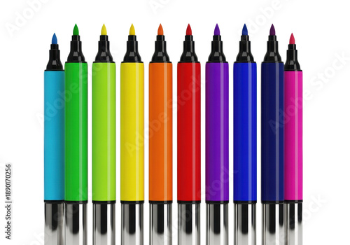 eight high-gloss acrylic graphic marker pens aligned by color spectrum, reflective silver bands, isolated on brilliant white, dramatic high-key studio lighting. concept of color perfection and design