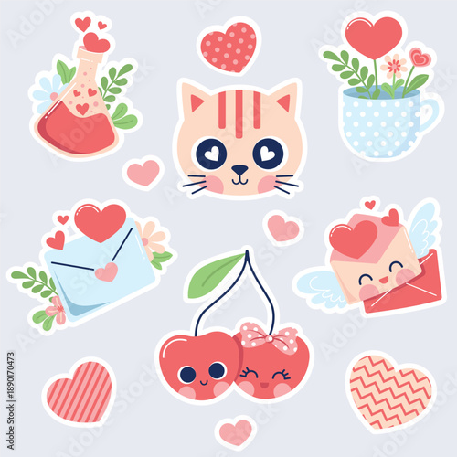 Cute Valentine s Day vector sticker set with adorable characters and love symbols
