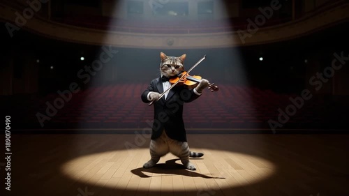 Cinematic Cat in Tuxedo Playing Violin on Dark Stage under Spotlight