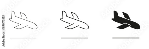 Airplane Landing Line And Solid Icon Set. Aviation, Travel, And Transportation Outline And Silhouette Symbol Collection. Flight Arrival And Airport Navigation. Isolated Vector Illustration