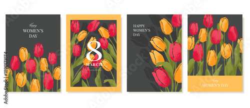 Colorful Posters With Red and Yellow Tulips For International Women's Day. Abstract Floral Background With Spring Flowers for the design of postcards, flyers, covers. Vector
