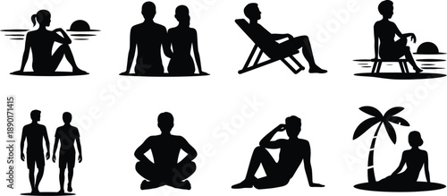 Black silhouettes of people on beach vacation relaxing and enjoying leisure activities