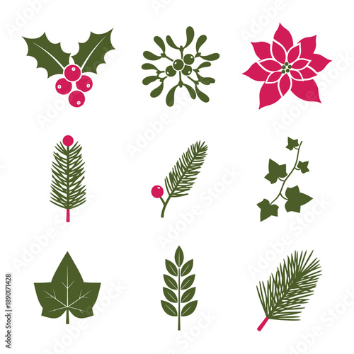 A modern duotone graphic illustration set showcases seven stylized winter holiday botanical icons arranged in a clean grid, colored in vivid magenta and dark olive green
