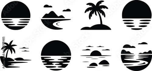 Tropical beach silhouettes palm trees sunsets and ocean views in black and white