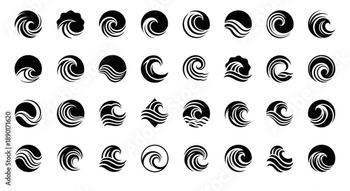 Collection of abstract wave icons representing movement nature and fluid dynamics design elements