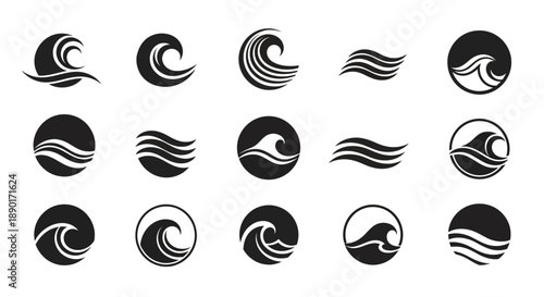 Collection of stylized wave icons in minimalist black and white design displaying fluid movement