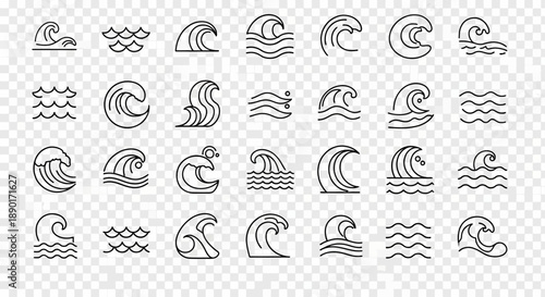 Collection of various wave icons, hand-drawn style showcasing sea ocean water element design