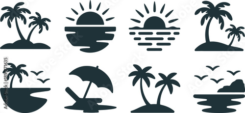 Tropical island silhouette icons palm trees sun beach and ocean views