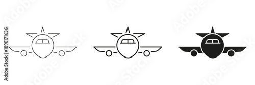 Airplane Front View Line And Solid Icon Set. Aviation, Travel, And Transportation Outline And Silhouette Symbol Collection. Aircraft Design And Flight Concept. Isolated Vector Illustration