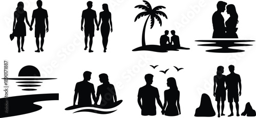 Romantic beach silhouettes of loving couples and families in tropical paradise