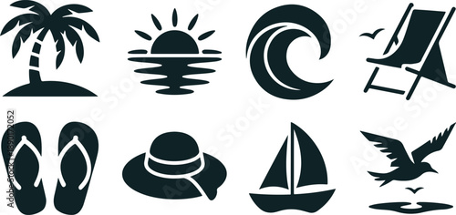 Summer vacation icons featuring beach and ocean symbols with tropical elements