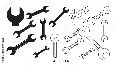 Collection of spanners representing mechanical tools for repair and construction work