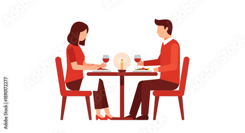 Flat Vector Illustration of a Romantic Couple Having a Candlelight Dinner Date with Wine