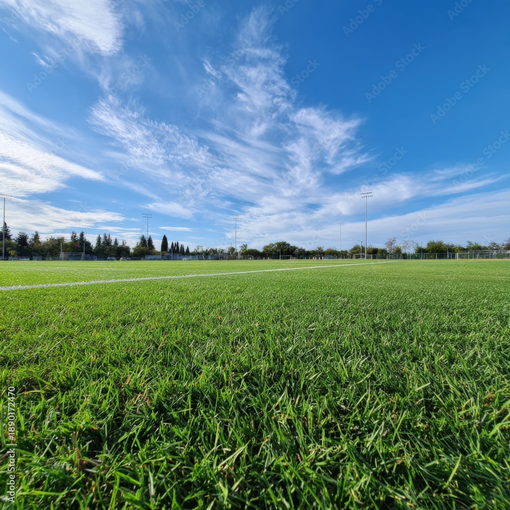 Fototapeta premium Sunny day on pristine grass soccer field with blue sky and clouds