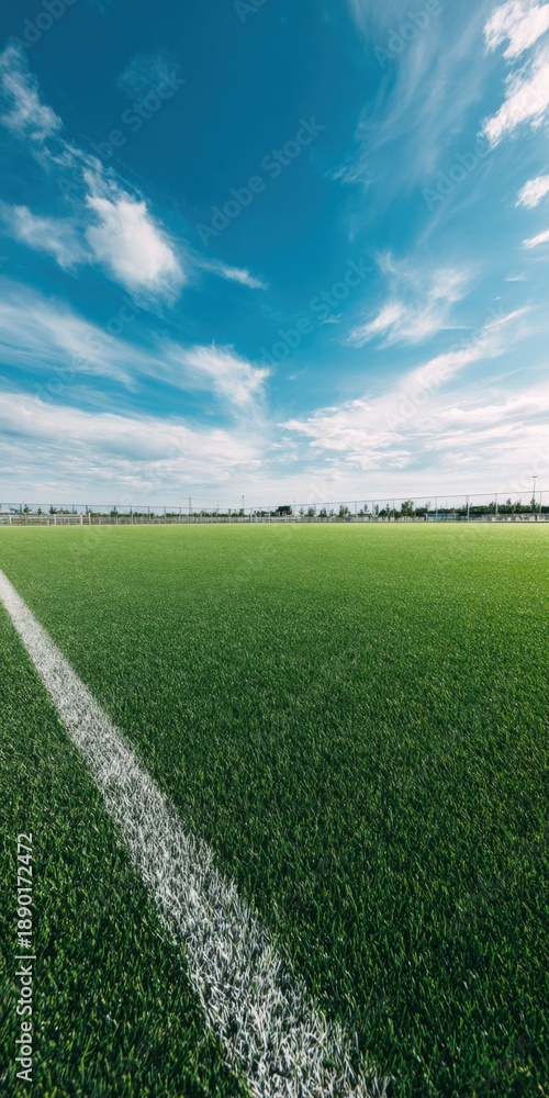 Obraz premium Expansive green soccer field under bright blue sky