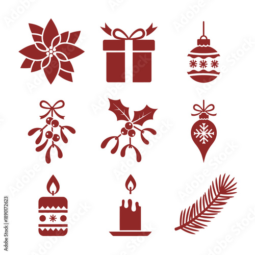 Flat duotone graphic graphics set of six Christmas and winter celebration icons including a pine bough, ornament, and gift, all rendered in a sophisticated maroon and beige palette