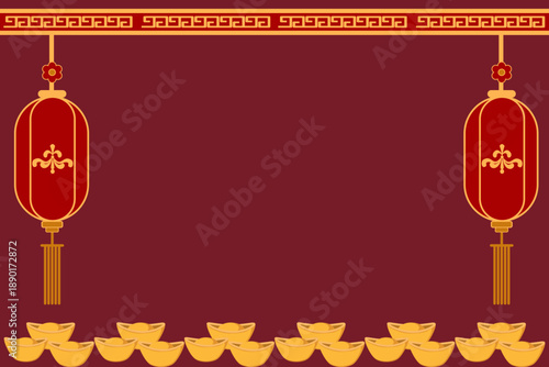Chinese New Year Background with Golden Ingots and Large Red Lanterns