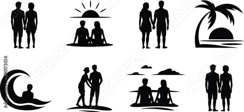 Black silhouette icons of people in various scenic landscapes and seascapes