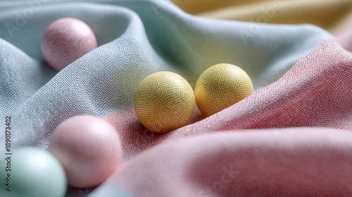 Colorful matte balls on soft velvet pastel fabric background with dreamy texture and elegant light styling